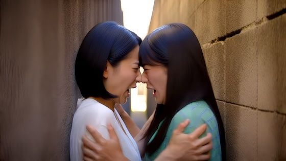 （ボイス有り）壁に挟まれ身動きが取れない中で鼻と鼻がぶつかって言い争いになるふたり。｜d_753275