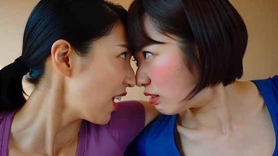 （ボイス有り）ヨガ中に鼻同士を合わせて争うふたり。｜d_753280