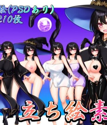 立ち絵素材 黒髪の女の子（魔女・バスタオル・逆バニー差分）｜d_779072